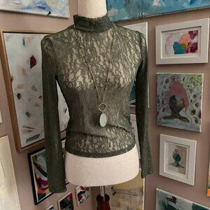 Forever 21 Sage Green Sheer Lace Mock Neck Long Sleeve Top S Coquette Fairy y2k
